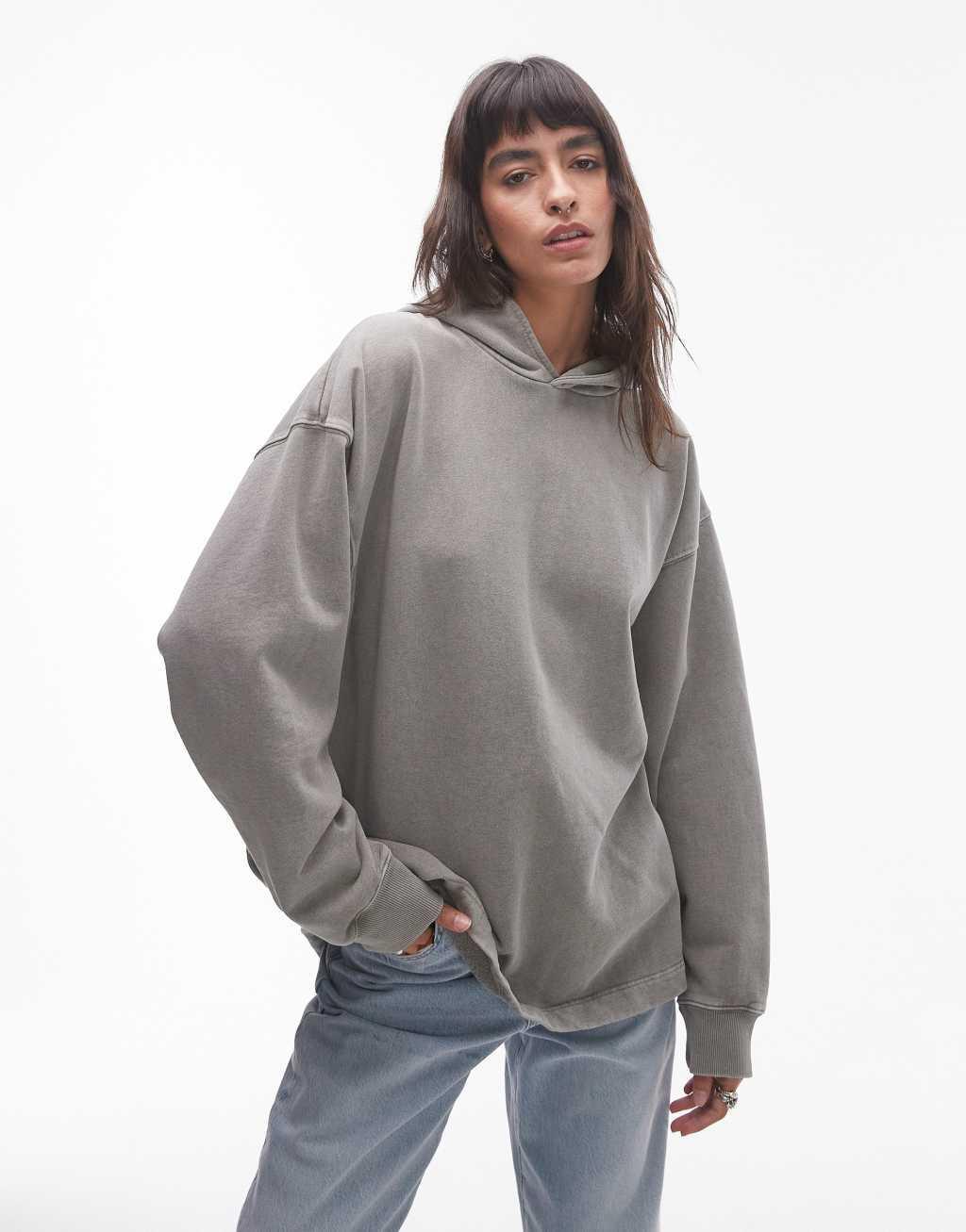 Topshop acid wash dropped shoulder hoodie in washed khaki Product Image