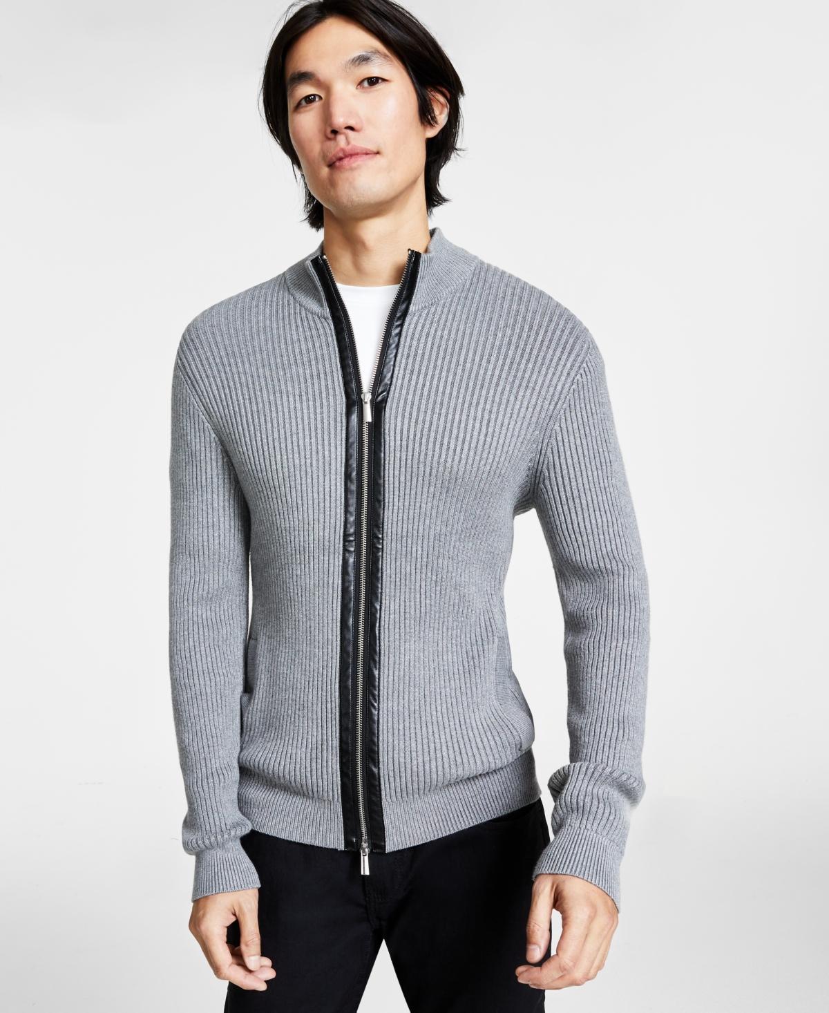 I.n.c. International Concepts Mens Silas Regular-Fit Ribbed-Knit Full-Zip Mock Neck Cardigan with Faux-Leather Trim, Created for Macys - Heather Gre Product Image