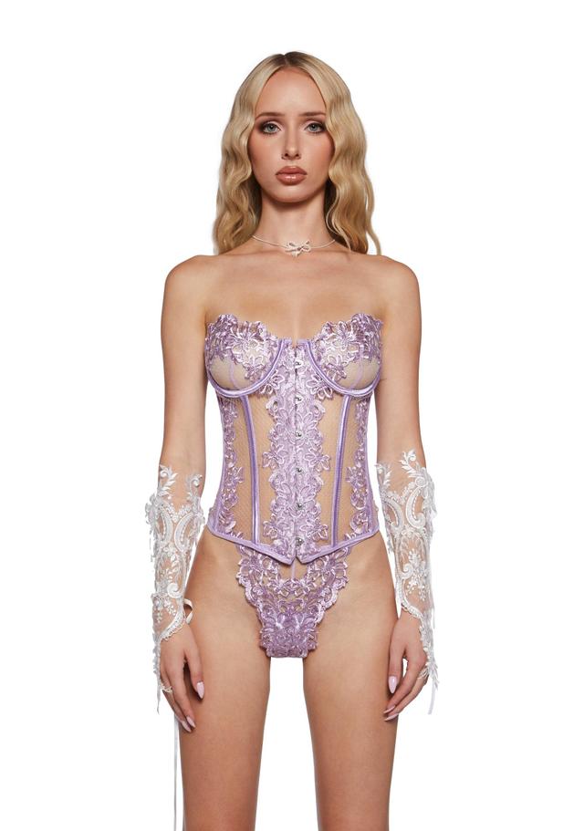 Sexy Womens Floral Bustier Corset Top And Thong Panty Sugar Thrillz - Purple Product Image