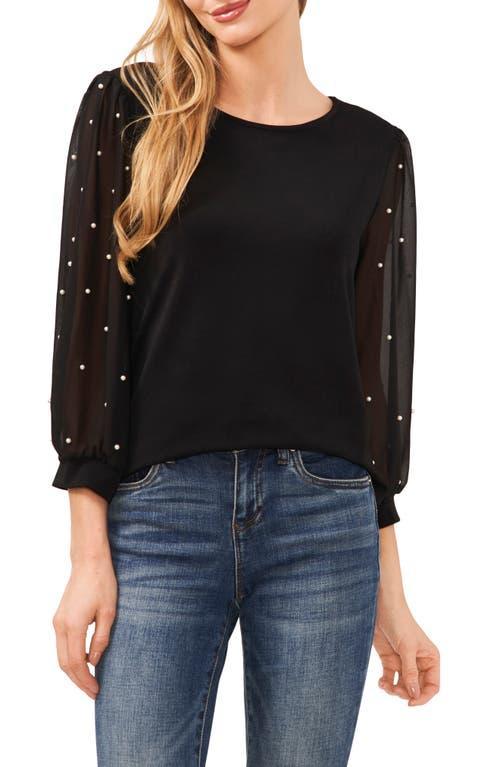 CeCe Womens Mixed Media Imitation-Pearl-Stud Top Product Image