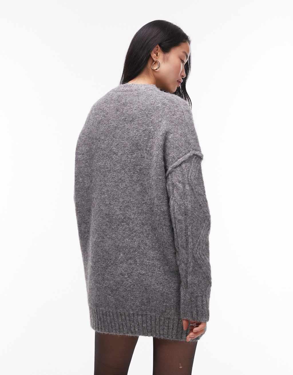 Topshop knitted diamond cable oversized mini dress in gray Product Image