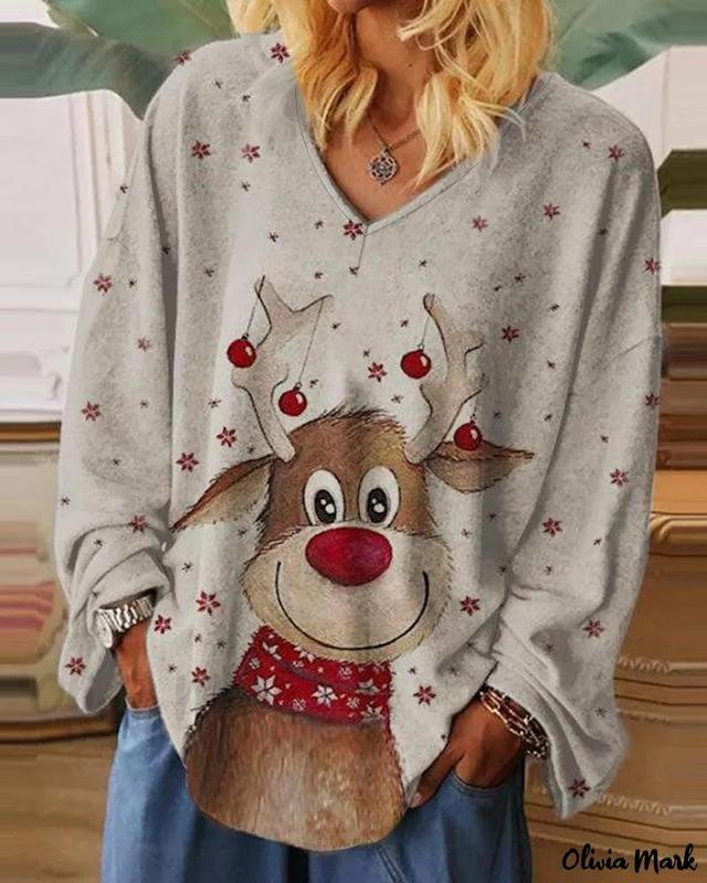 Olivia Mark – Stylish Long Sleeve Top with Christmas Snowflake and Elk Print Product Image