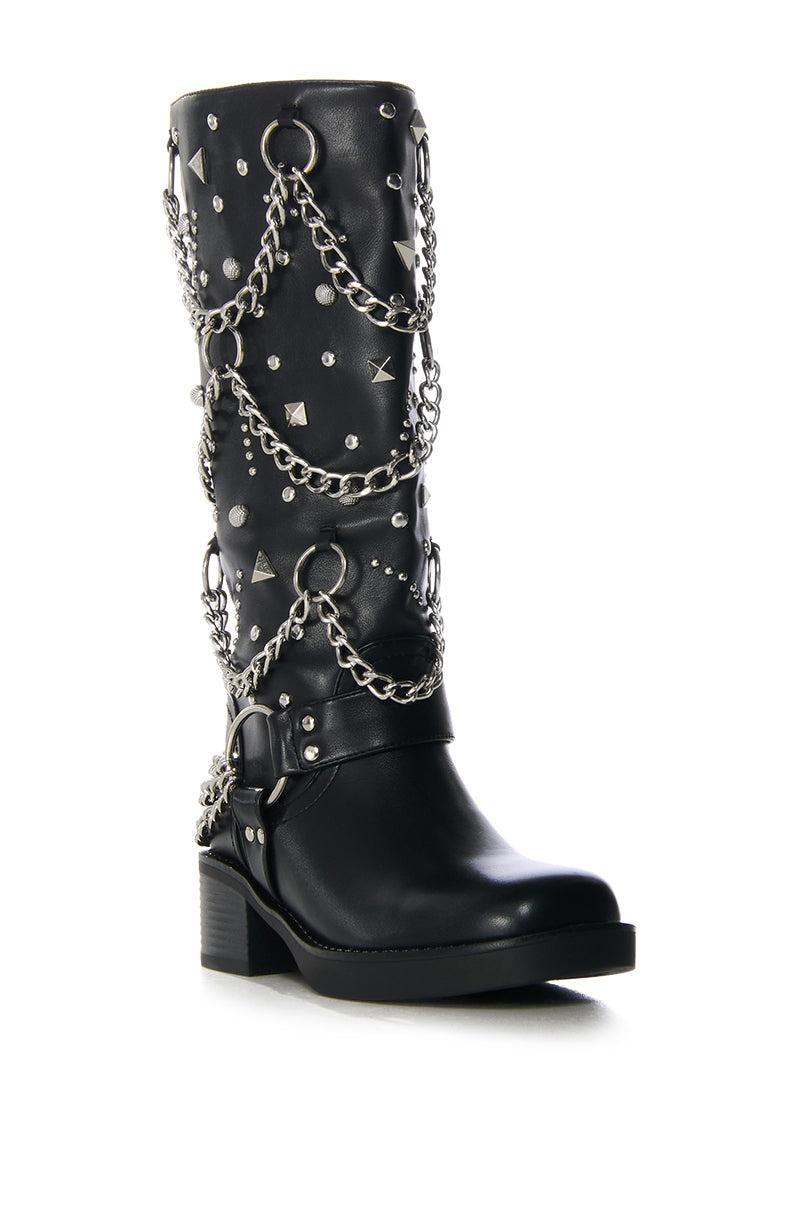 AZALEA WANG FILLMORE BLACK EMBELLISHED HARDWARE FLAT BOOTIE Product Image