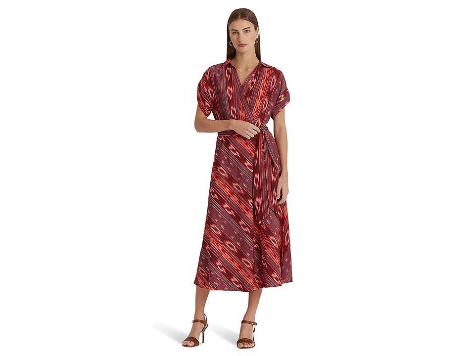 LAUREN Ralph Lauren Geo-Striped Belted Crepe Dress (Fuchsia/Orange Women's Dress Product Image