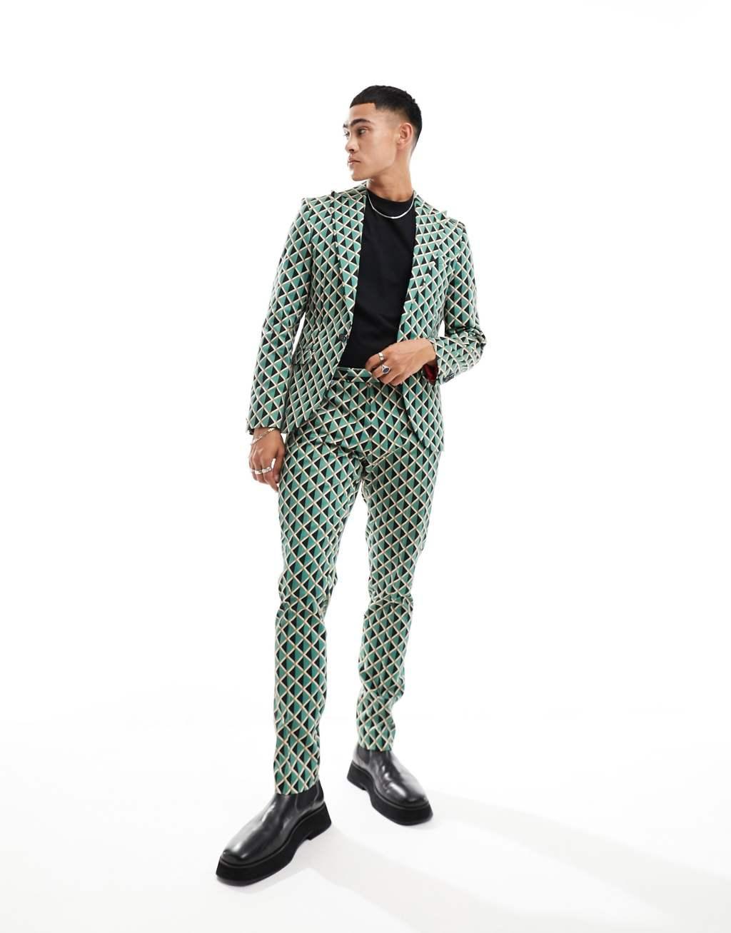 Twisted Tailor shadoff suit jacket in green with geometric vintage print Product Image