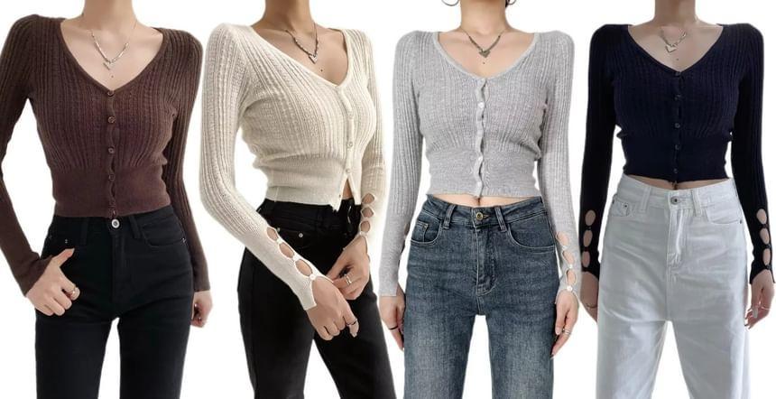 V-Neck Plain Ribbed Crop Cardigan Product Image