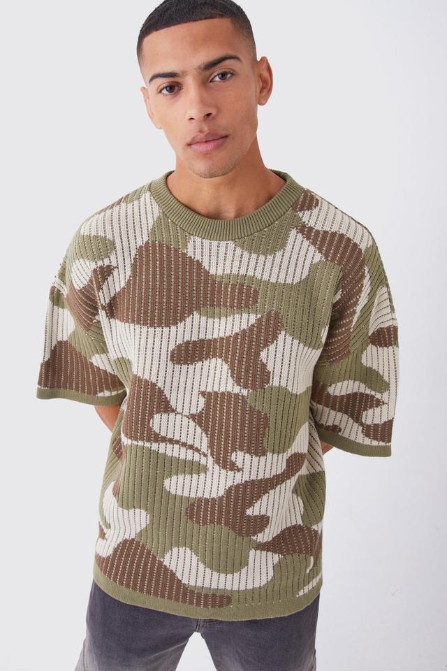 Mens Beige Oversized Camo Knitted T-shirt, Beige Product Image