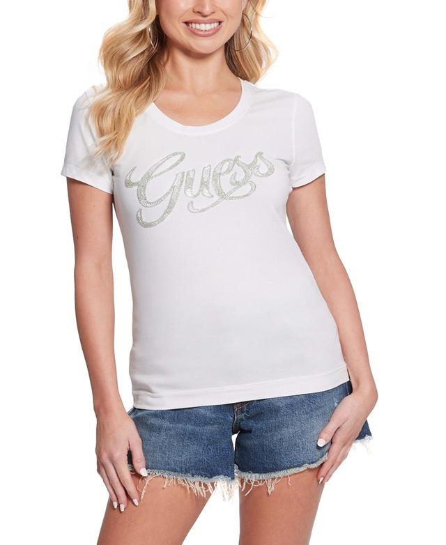 Guess Womens Embellished Script Logo T-Shirt Product Image