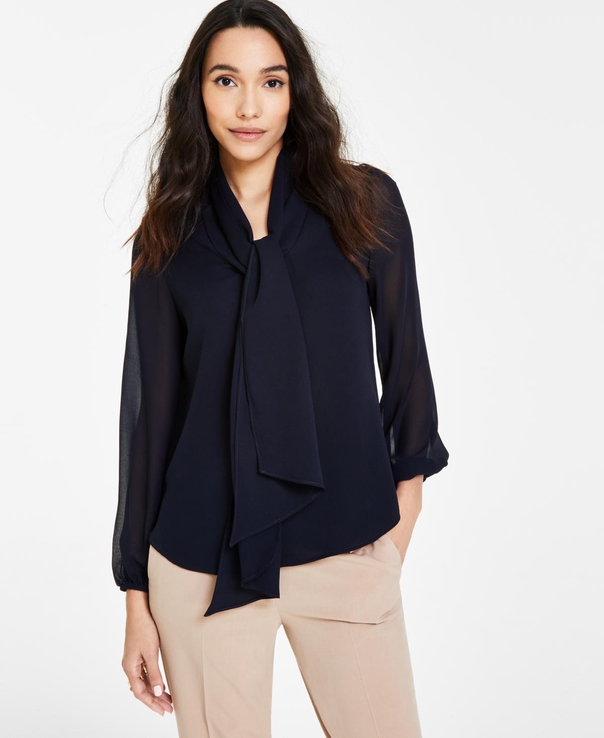 Bar Iii Womens Tie-Neck Sheer-Long-Sleeve Blouse, Created for Macys Product Image