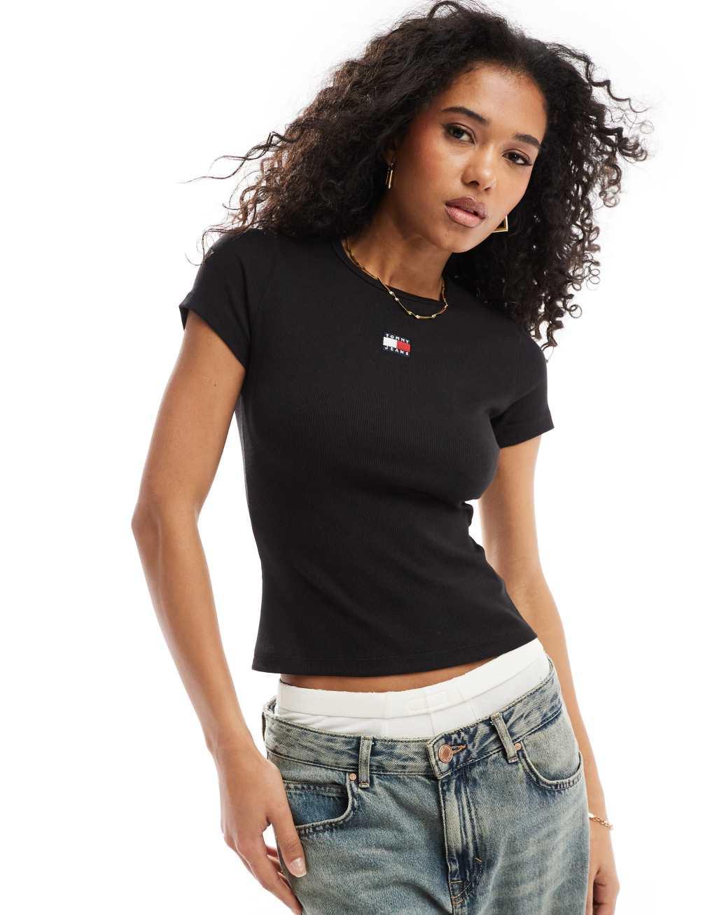 Tommy Jeans slim badge ribbed T-shirt in black Product Image