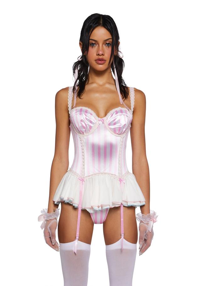 Sugar Thrillz Clowncore Sateen Striped Ruffled Skirt Lingerie Bodysuit - Pink Product Image