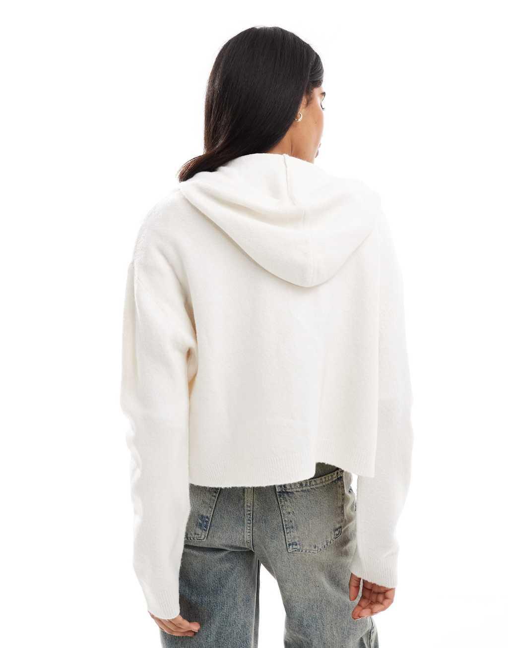 Miss Selfridge zip through crop knit hoodie in cream Product Image