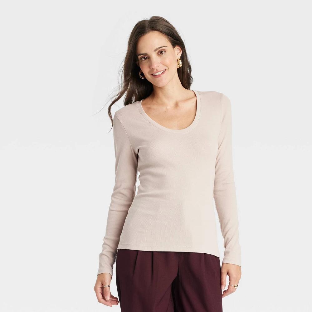 Womens Long Sleeve Scoop Neck Ribbed T-Shirt - A New Day Beige Product Image