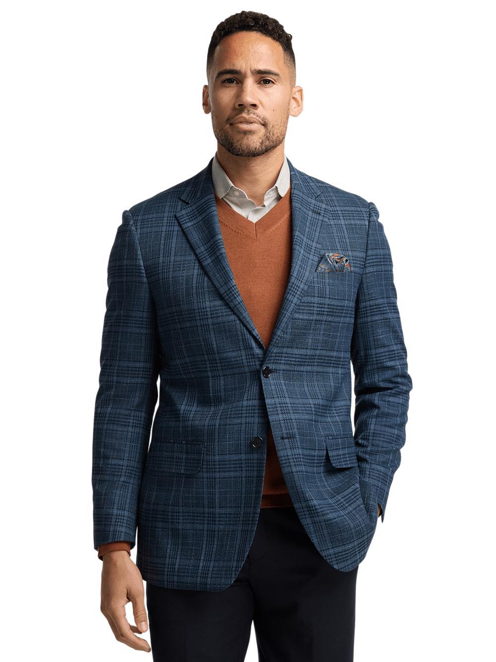 Microfiber Plaid Single Breasted Notch Lapel Sport Coat - Navy Product Image