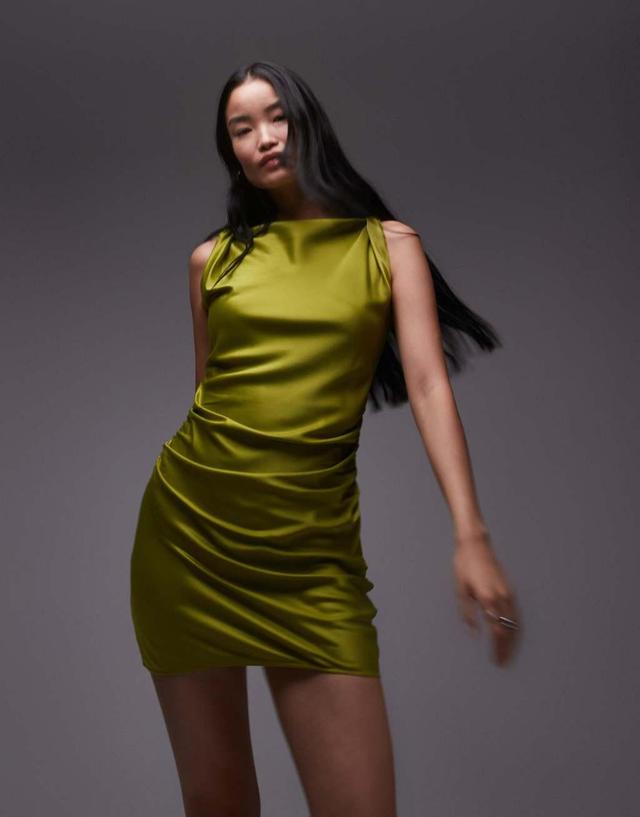 Topshop twist shoulder slip mini dress in olive Product Image