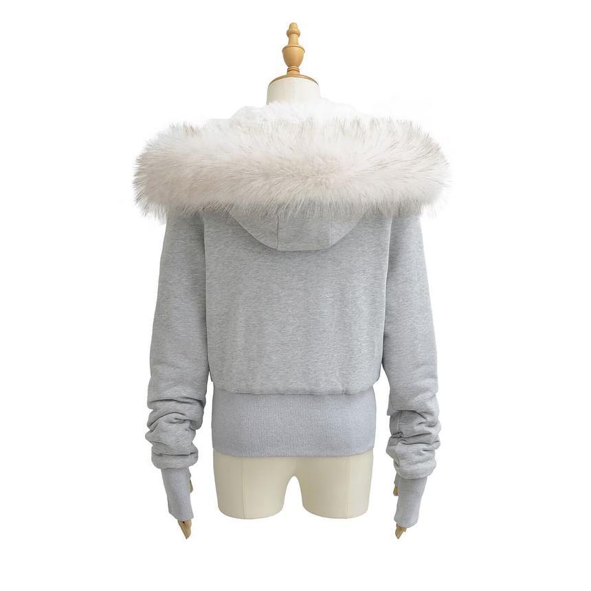 Long Sleeve Plain Fleeced Furry-Trim Hooded Zip-Up Jacket Product Image