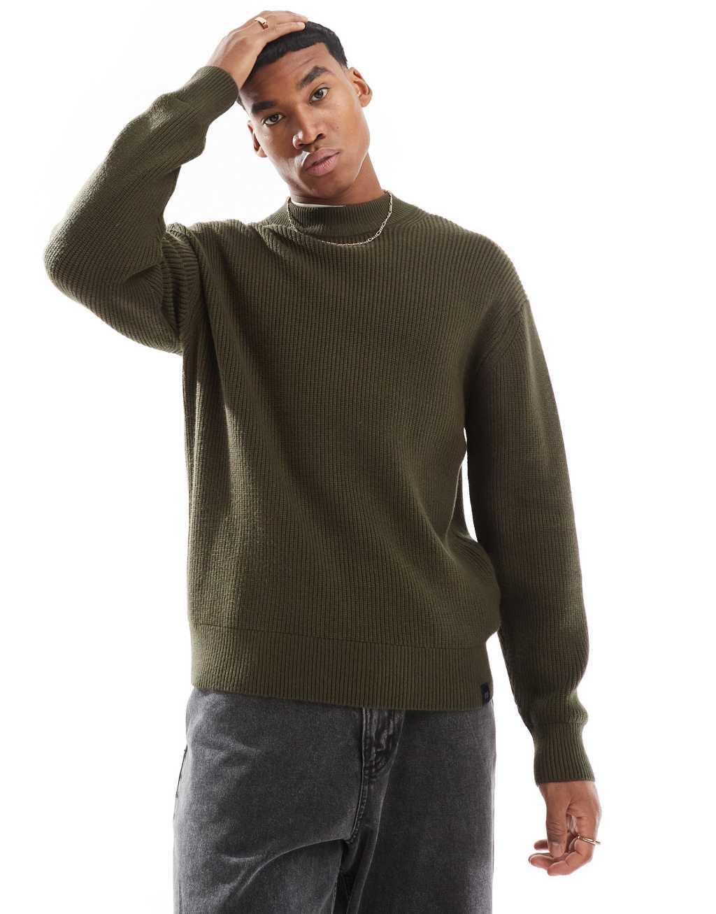 Pull&Bear knit fisherman sweater in olive Product Image