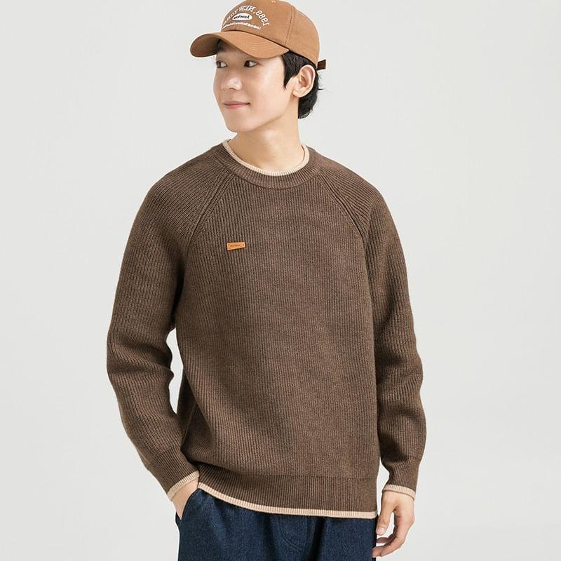 Crew Neck Contrast Trim Ribbed Sweater Product Image