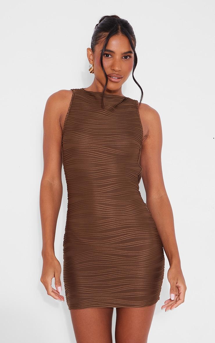  Mocha Ribbed Bandage Jersey Boat Neck Bodycon Dress Product Image