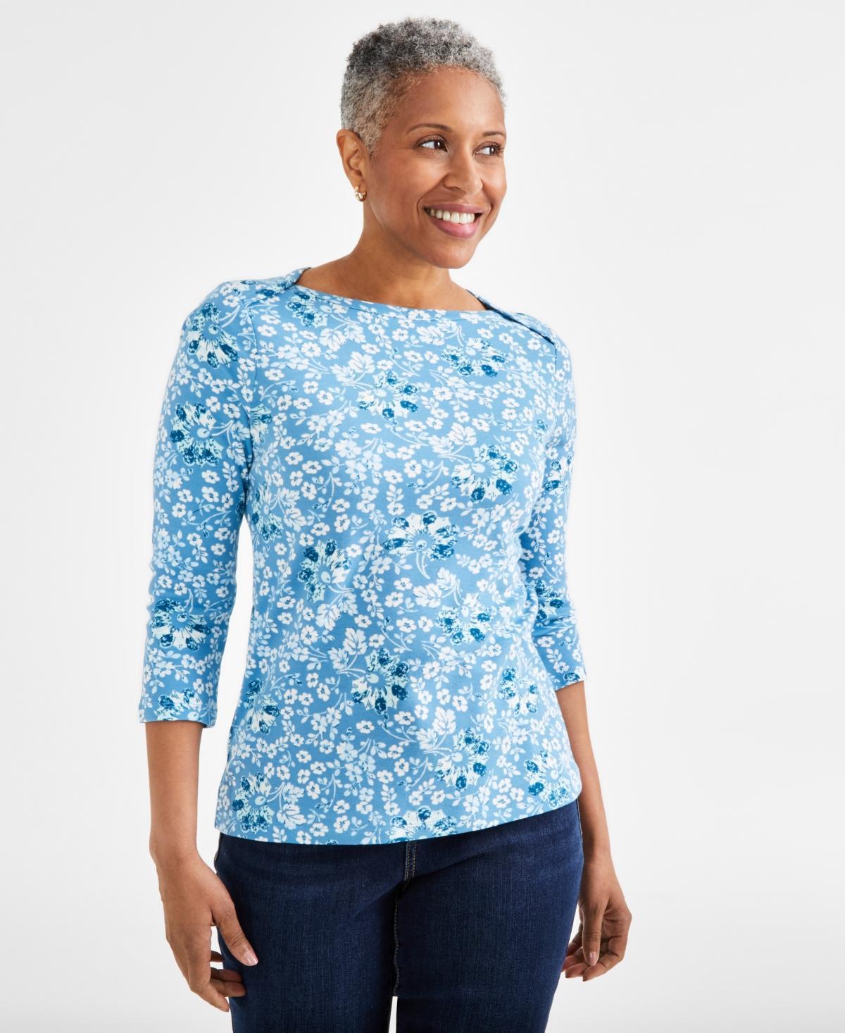 Style & Co Womens Printed 3/4-Sleeve Pima Cotton Top, Created for Macys Product Image