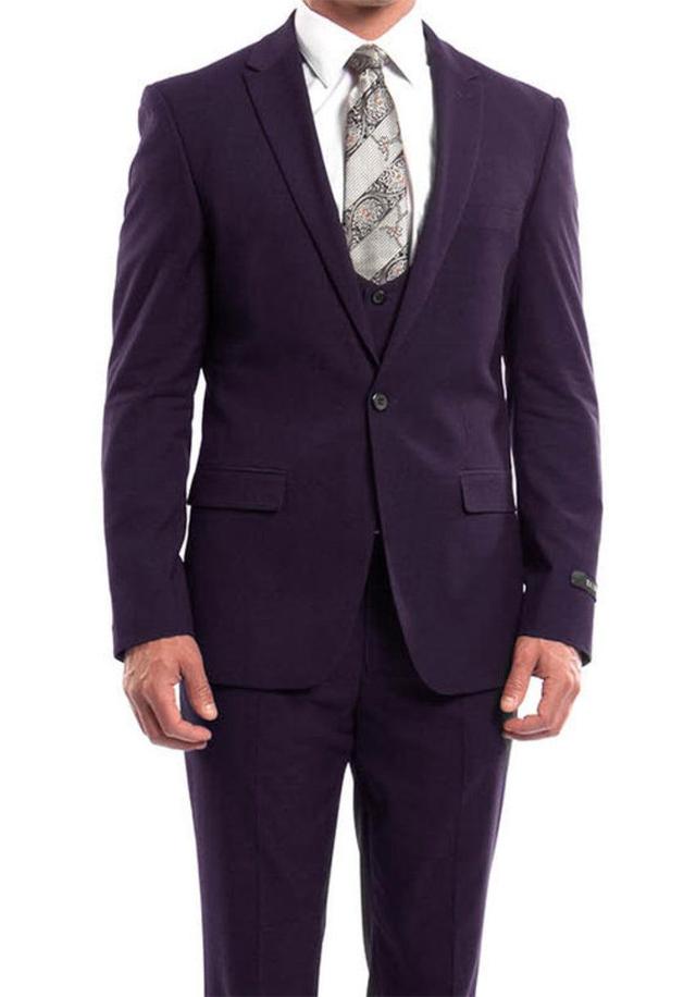 Purple Solid Color 3 Piece Slim Fit Suit 1 Button Peak Lapel Product Image