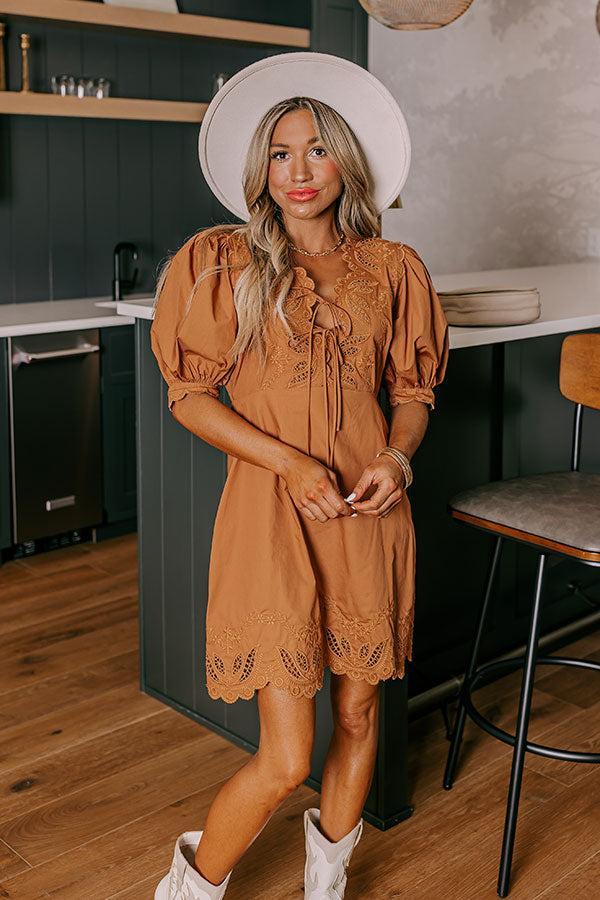 Chic Feeling Embroidered Mini Dress in Camel Product Image