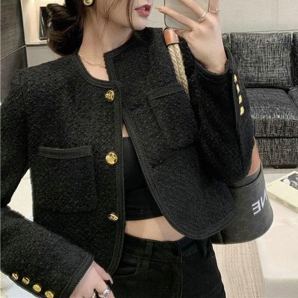 Crew Neck Plain Button-Up Tweed Crop Jacket Product Image