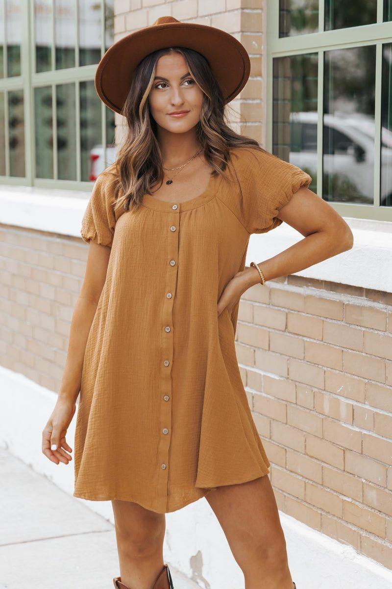 Camel Puff Sleeve Button Down Mini Dress Product Image