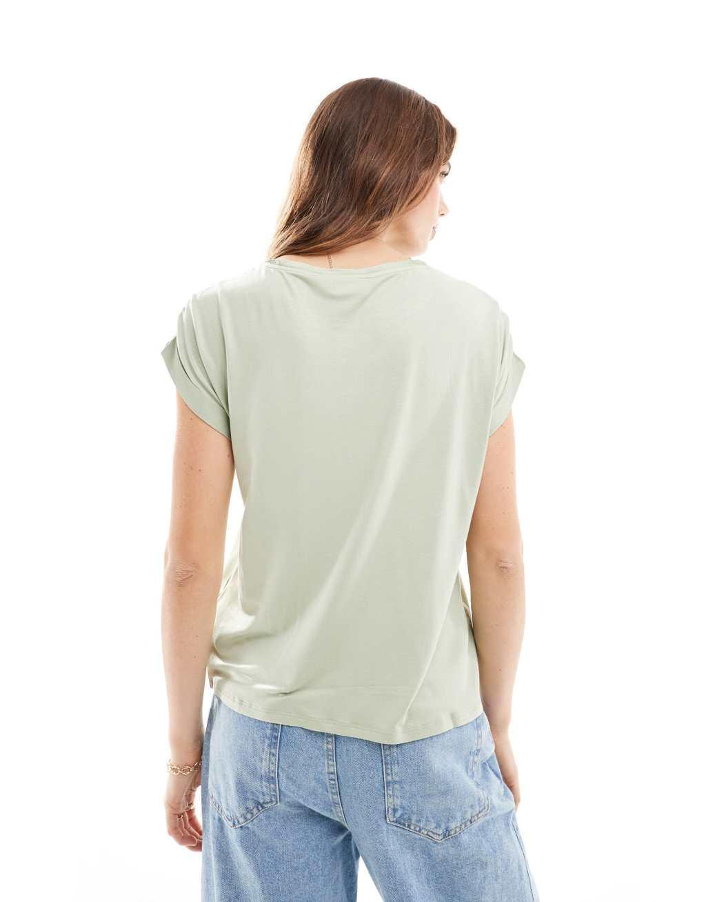 Vila satin front t-shirt with cuffed sleeve in sage green Product Image