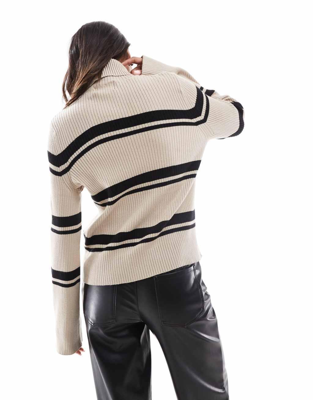 Pieces striped roll neck top in beige and black Product Image