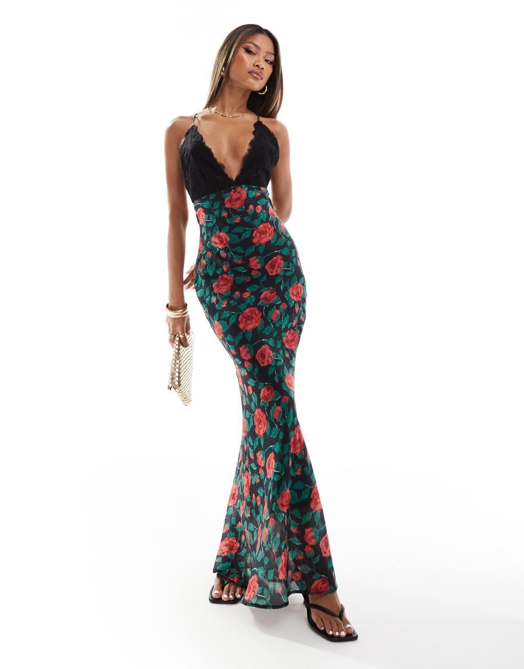 Aria Cove lace trim strappy low back maxi dress in black rose print product image