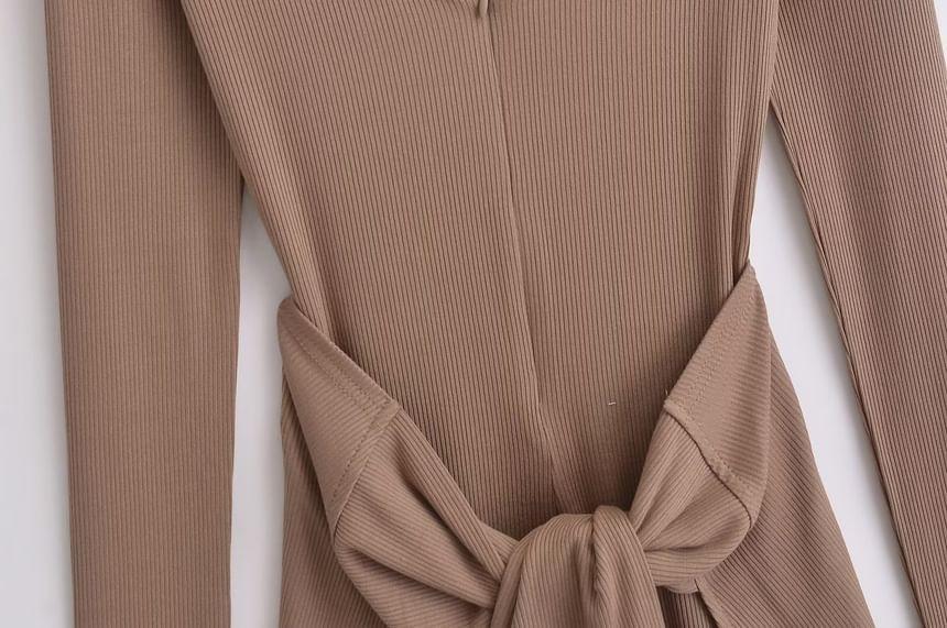 Set: Long-Sleeve V-Neck Plain Ribbed Half-Zip Romper + Mini Wrap Skirt Product Image