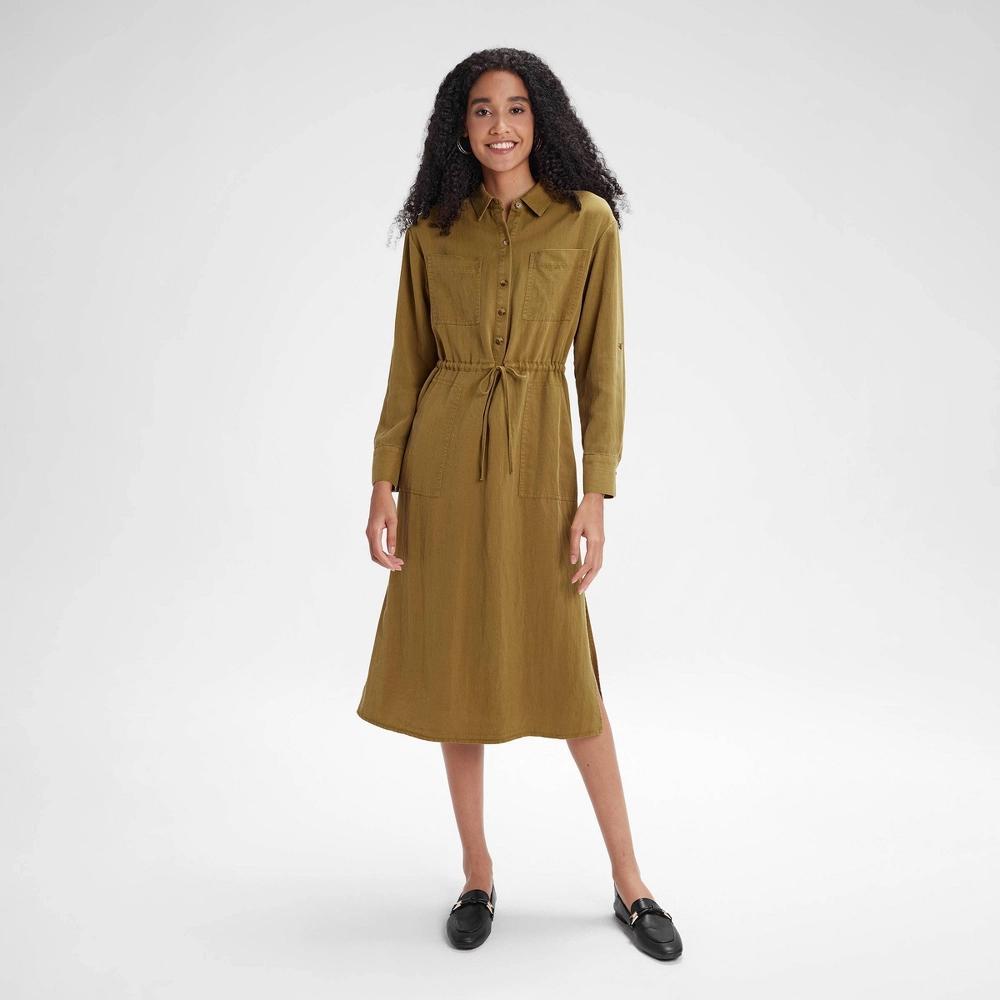 Women's Long Sleeve Utility Midi Shirtdress - A New Day™ Olive XL Product Image