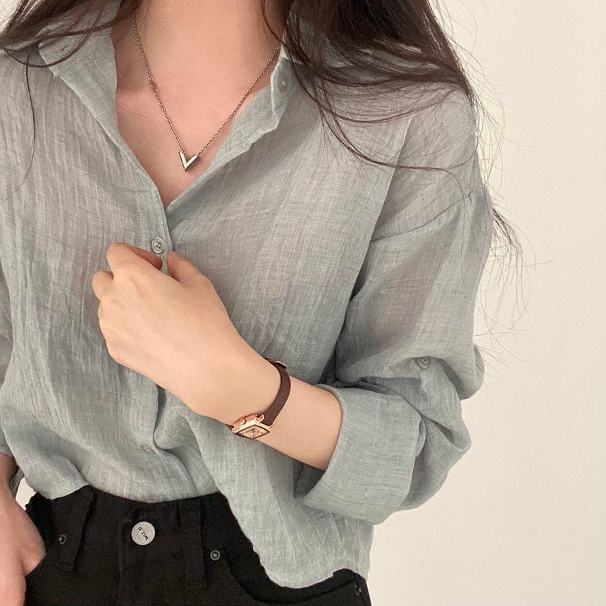 Long-Sleeve Sheer Cropped Shirt Product Image