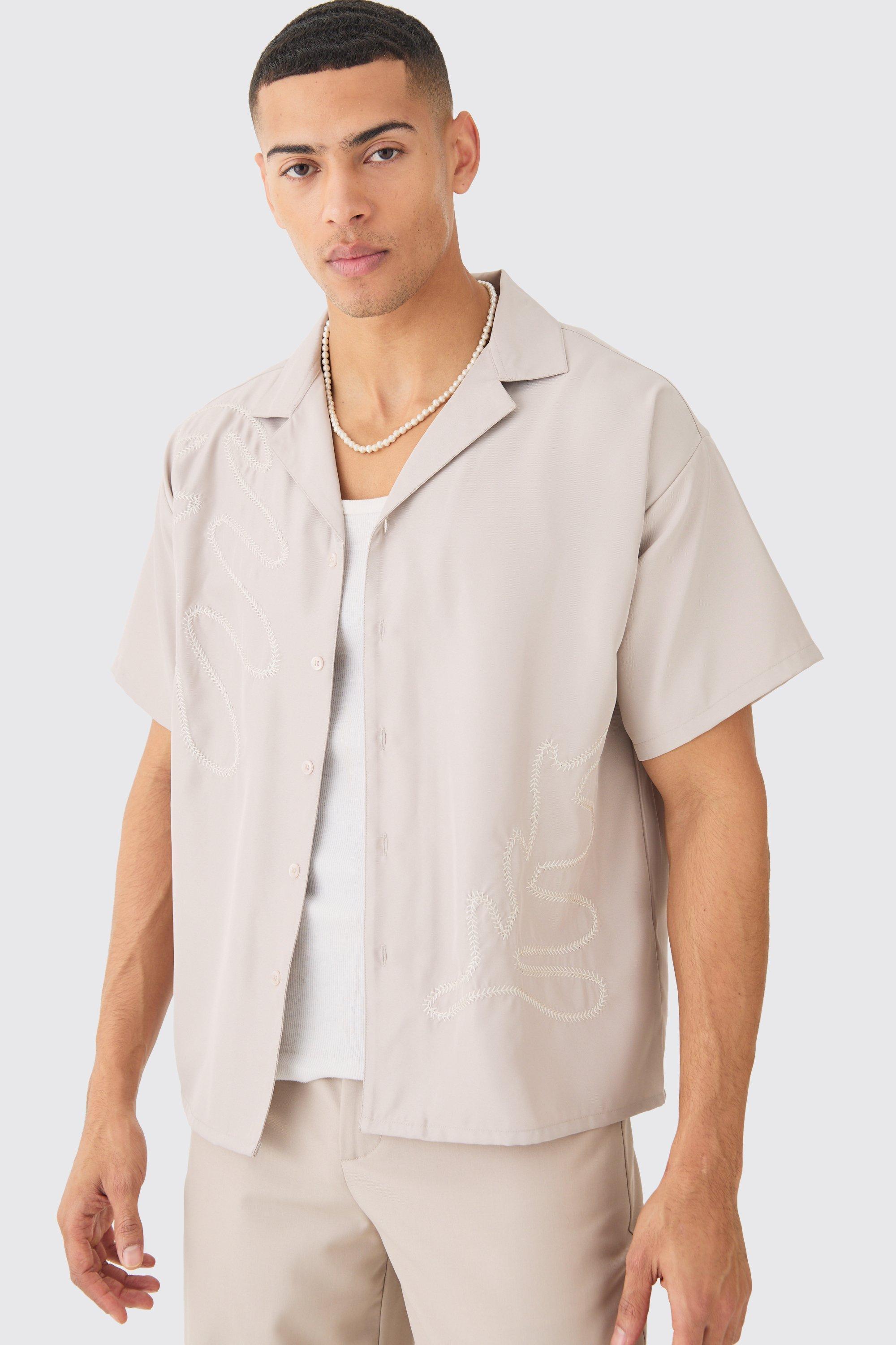 Boxy Soft Twill Cartoon Leaf Embroidered Shirt | boohooMAN USA Product Image