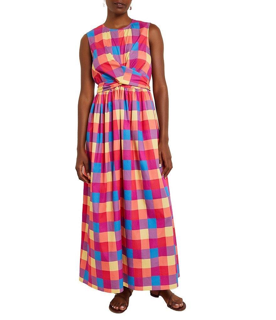 MISOOK Cotton-Blend Plaid Round Neckline Sleeveless Wrap Front Maxi A-Line Dress Product Image