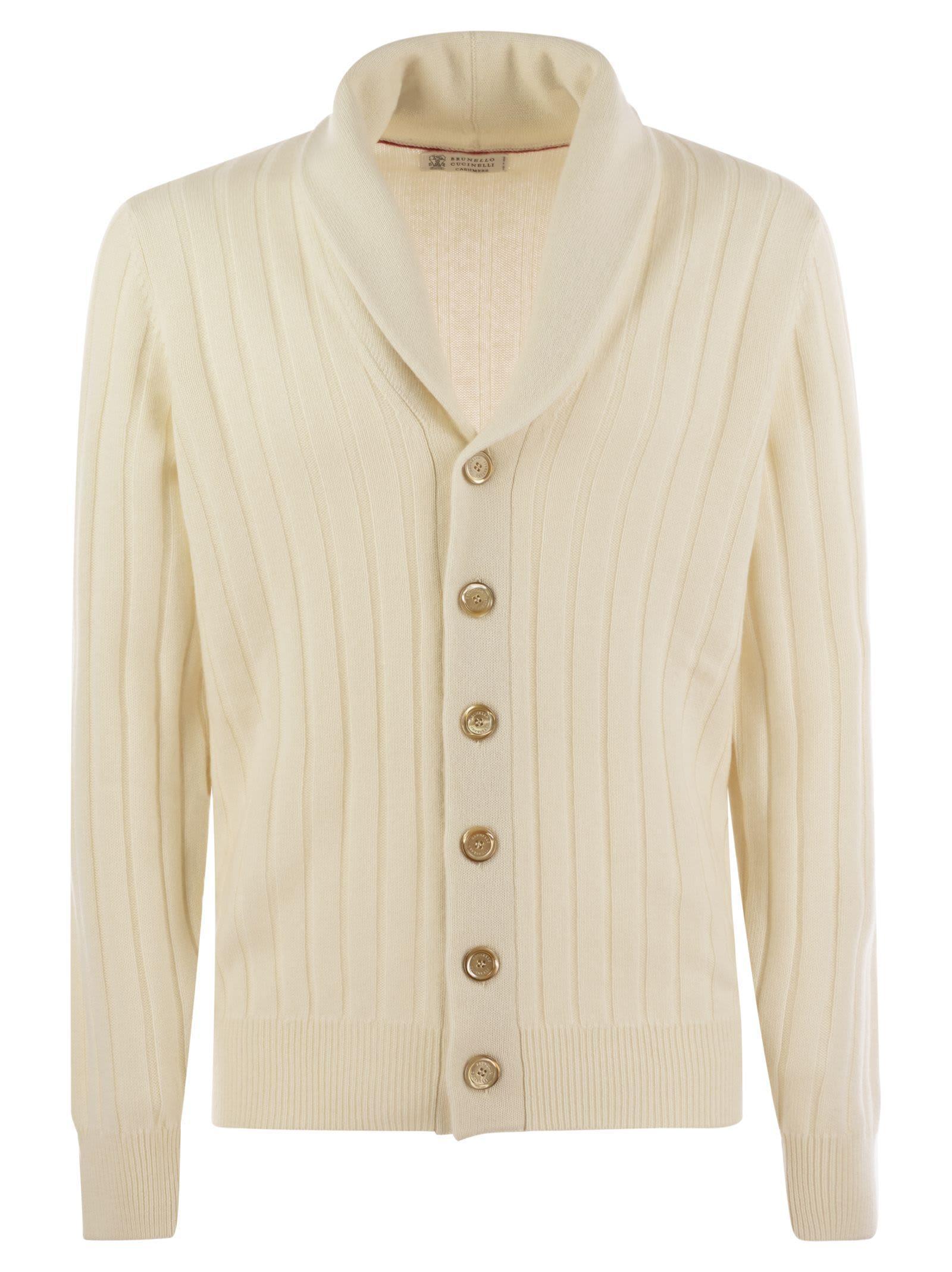 BRUNELLO CUCINELLI Ribbed Cashmere Cardigan In Ecru Product Image