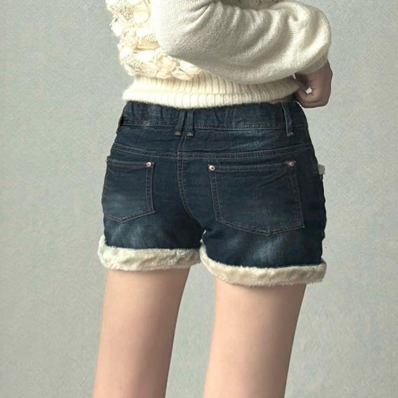 Low Rise Fleece Trim Denim Hot Pants Product Image