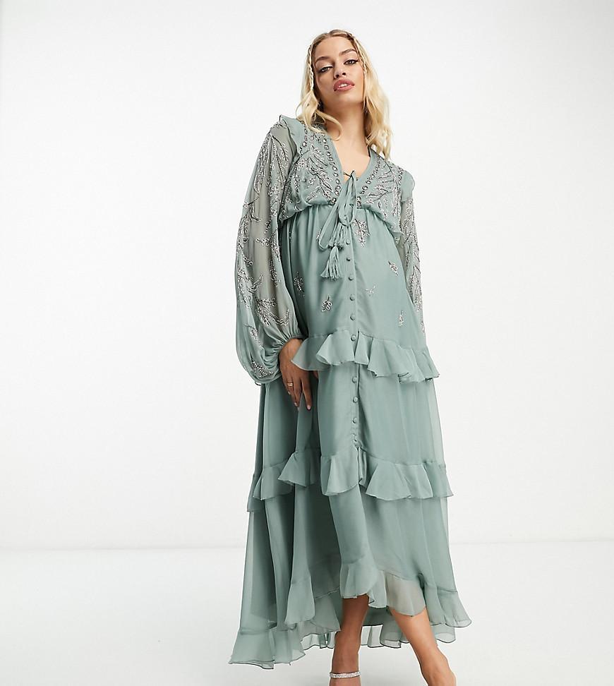 ASOS DESIGN Maternity soft midi dress with button front and trailing floral embellishment Product Image