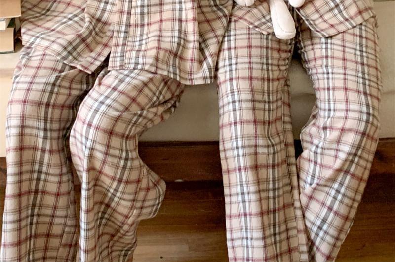 Couple Matching Pajama Set: Long-Sleeve Plaid Button-Up Top + Pants (Various Designs) Product Image