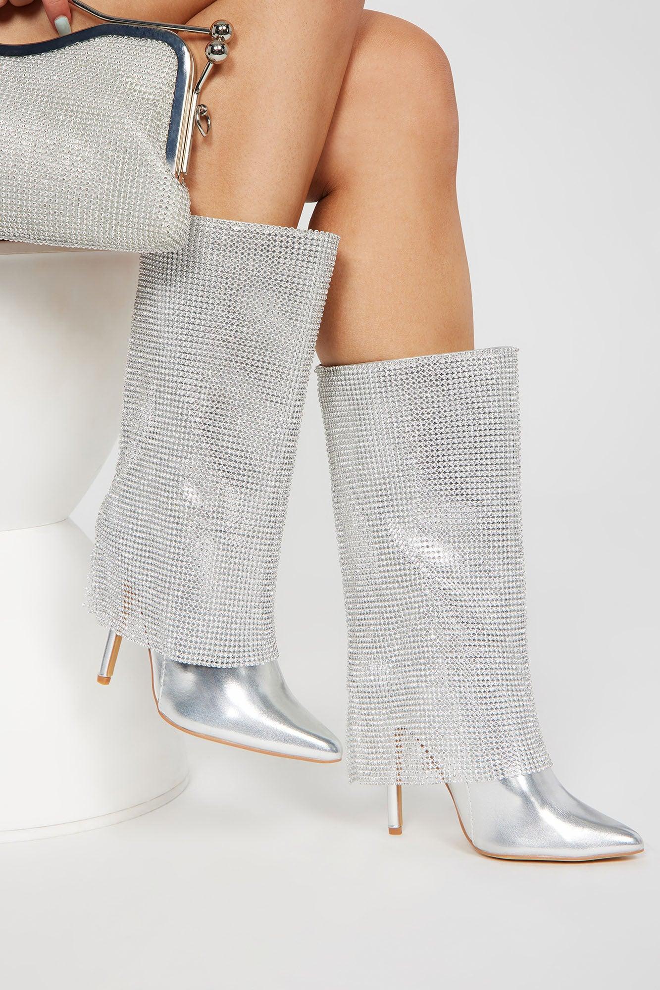 Demi Embellished Overlay Knee High Boots - Silver product image