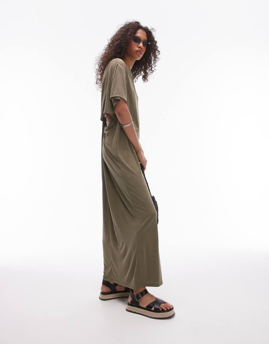 Topshop premium super soft twist back cupro t-shirt midi dress in khaki Product Image