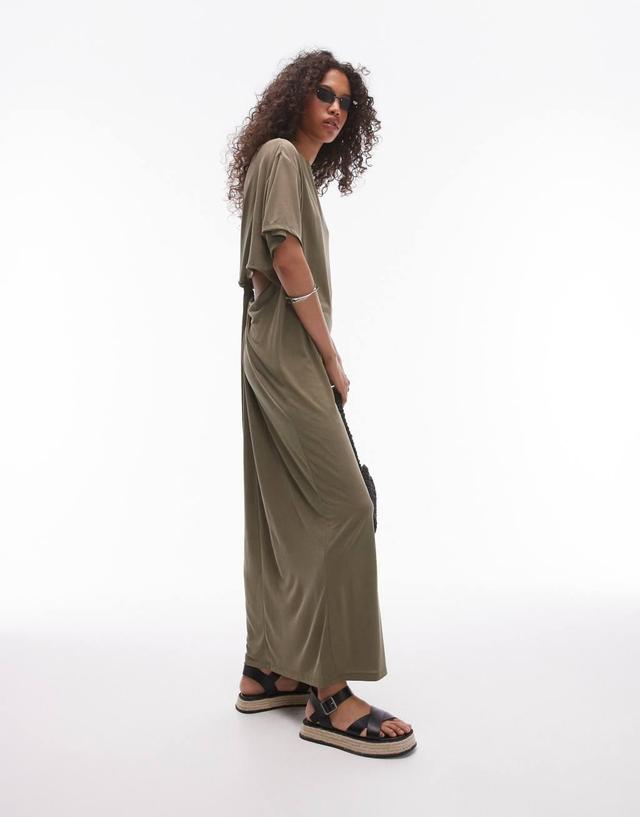 Topshop premium super soft twist back cupro t-shirt midi dress in khaki Product Image