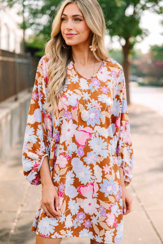 Loud And Clear Brown Floral Bubble Sleeve Dress Female Product Image