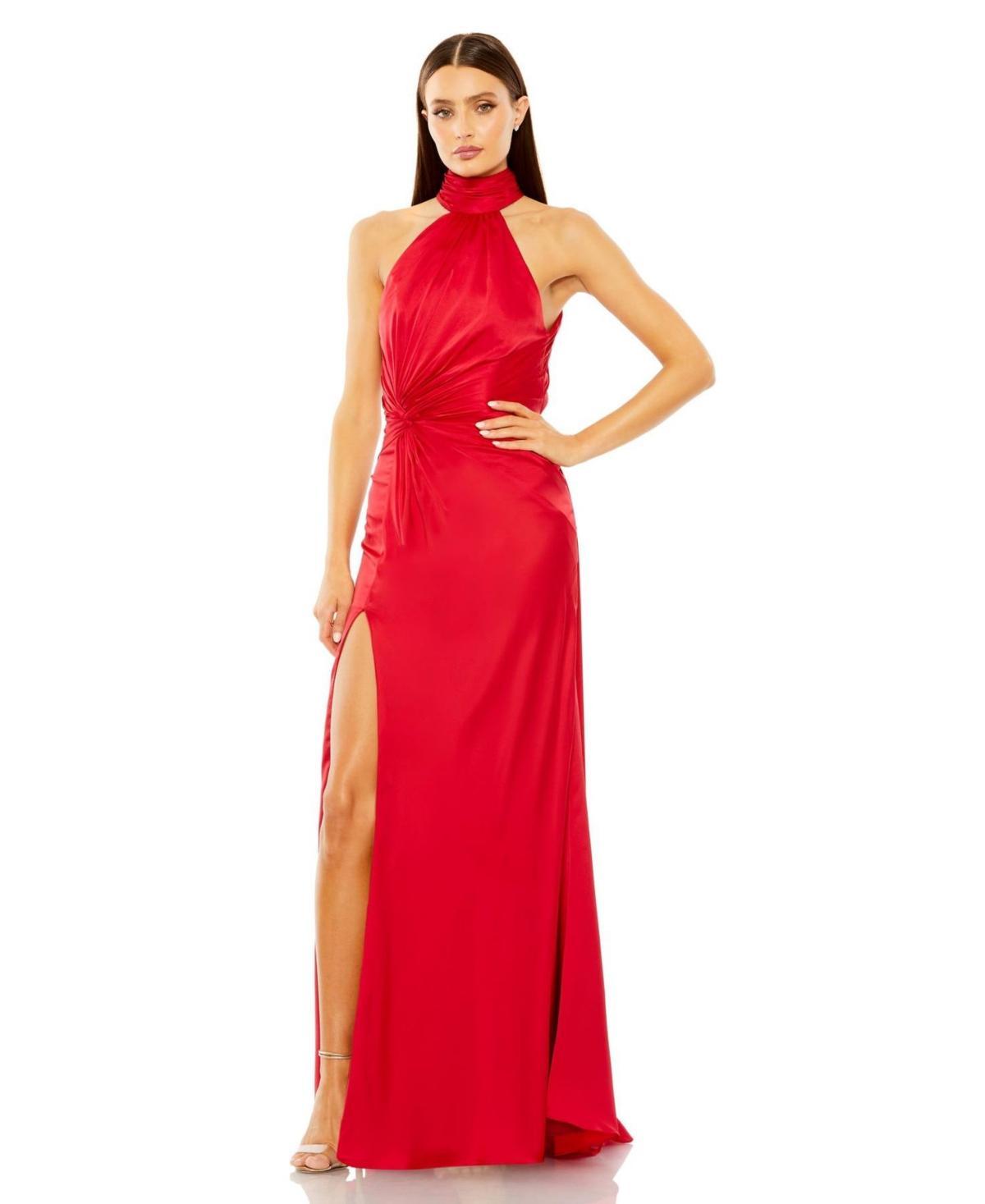 Ieena for Mac Duggal Side Ruched Satin Halter Gown Product Image