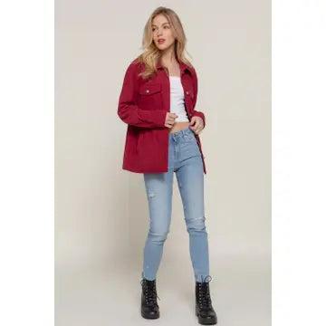 Women's Wine Long Sleeve Front Pocket Button Down Corduroy Jacket Product Image