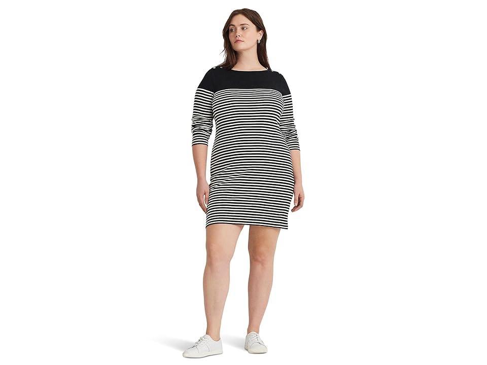 LAUREN Ralph Lauren Plus-Size Striped Cotton Boatneck Dress (Black/Mascarpone Cream) Women's Dress Product Image