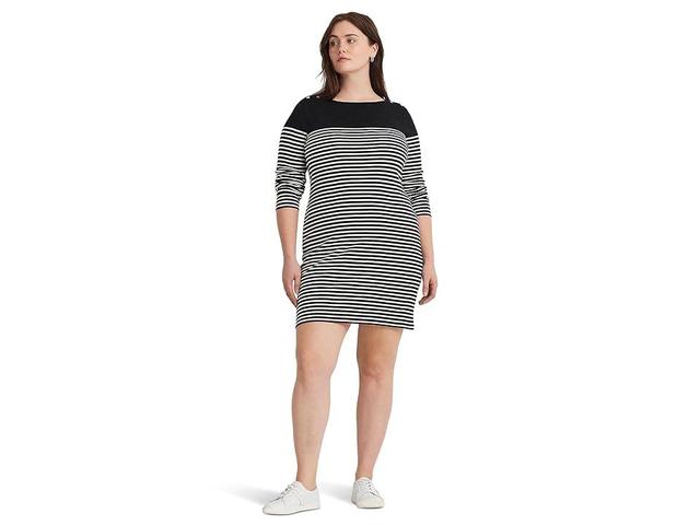 LAUREN Ralph Lauren Plus-Size Striped Cotton Boatneck Dress (Black/Mascarpone Cream) Women's Dress Product Image