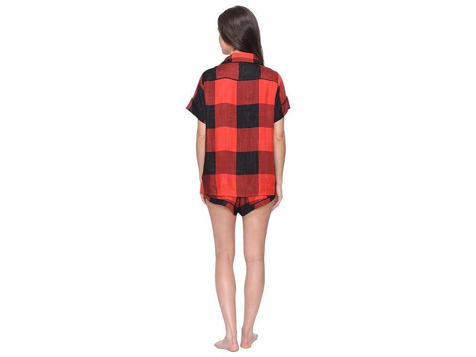 Plush Ultra Soft Short Sleeve Woven Buffalo Plaid PJ Set Black Buffalo Plaid) Women's Pajama Sets Product Image