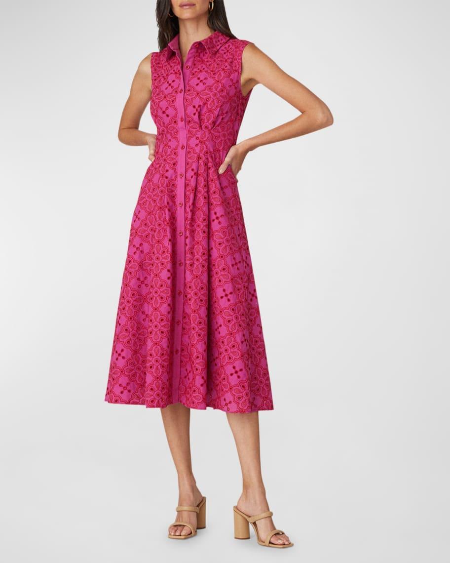 Deco Pleated Eyelet Embroidered Midi Dress Product Image